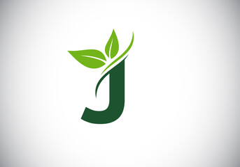 Initial J monogram alphabet with two leaves. Green, eco-friendly logo concept. Modern vector logo for ecological business and company identity