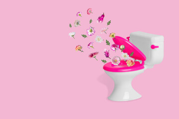 Creative idea with a toilet bowl and various flowers flying in the air on a light pink background.