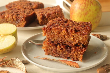 Super moist cinnamon flavored apple cake with a crust of cinnamon butter and brown sugar.