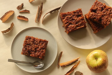 Super moist cinnamon flavored apple cake with a crust of cinnamon butter and brown sugar.