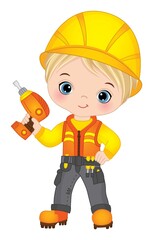 Cute Little Boy Drilling. Vector Little Builder