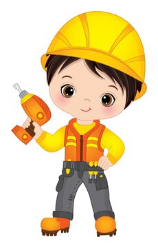 Vector Little Builder. Cute Little Boy Holding Drill