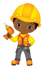 Cute Little Black Boy Drilling. Vector Little Builder