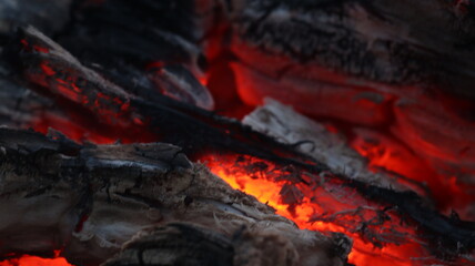 Red-gray embers from the fire. The warmth from the fire in nature.