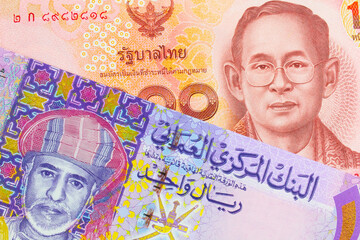A macro image of a red, one hundred baht note from Thailand paired up with a colorful one rial note note from Oman.  Shot close up in macro.