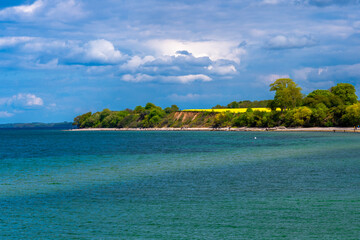 Frühling an der Ostsee am Timmendorfer Strand mit einem blühendem Rapsfeld in den Dünen