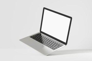 Laptop computer gray silver black with blank white screen. 3D mockup for presentation. 3D illustration rendering.