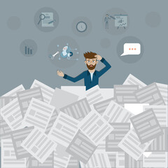 Flat of Business success,The mad man standing surround with document papers - Vector