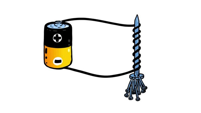 Electromagnet pulling nails. Physics. Experiment illustrating physical process. Cartoon good for educational meterials, etc...