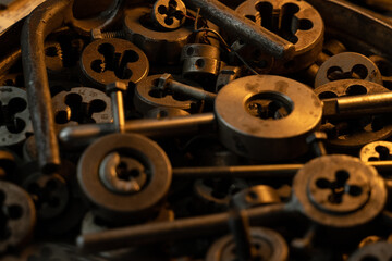 old rusty locksmith dies and taps for tapping. Lie box top view.