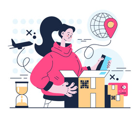 Woman consumer character unpacking parcel. Fast delivery service concept. Vector flat graphic design illustration