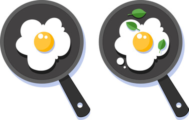 Cartoon vector flat style fried eggs breakfast on a pan with shadows, greenery. White and yellow yolk set.
