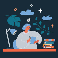 Vector illustration of woman writing diary. Write in her diary or journal over dark backround