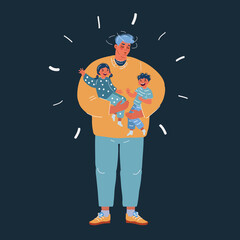 Vector illustration of exhausted father holding two screaming children over dark backround.