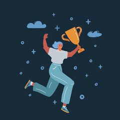Vector illustration of Happy Woman Jumping with Trophy Cup over dark backround.