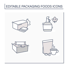 Packing foods line icons set. Sandwich bread, coffee, maple syrup, snack bars. Protection, tampering resistance from bacteria. Meal concept. Isolated vector illustrations. Editable stroke