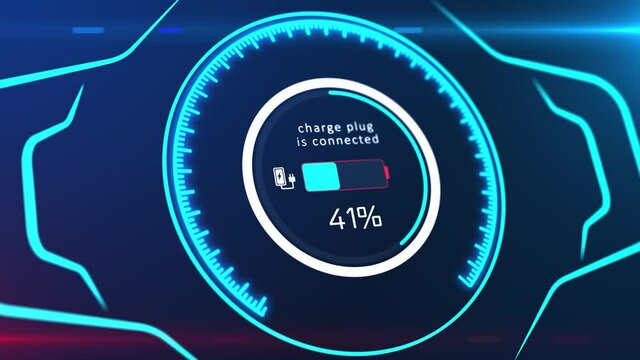 Electric Car Charging Indicating the Progress of the Charging dashboard display Animation. 4K electric vehicle battery indicator showing an increasing battery charge. Automobile Technology.