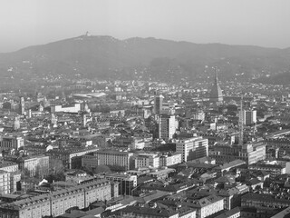 Aerial view of Turin in black and white