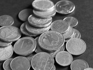 Euro coins, European Union over black in black and white