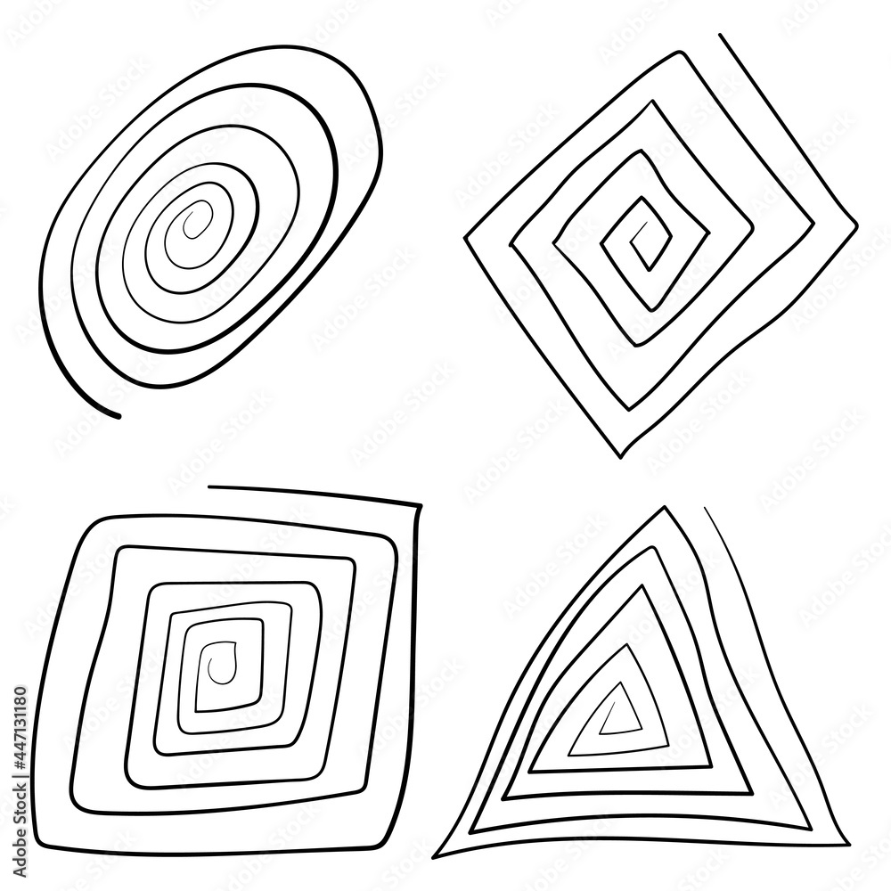 Poster spiral cirlce, square, rhomb and triangle. vector simple swirl set.