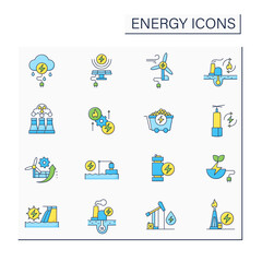 Energy color icons set. Thunderstorm, solar, wind energy. Nonrenewable sources. Power stations. Electricity generation concept. Isolated vector illustration