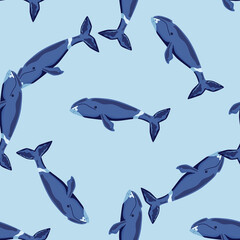 Seamless pattern Bowhead whale on blue background. Template of cartoon character of ocean for children.