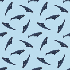 Seamless pattern right whale on light blue background. Template of cartoon character of ocean for fabric.