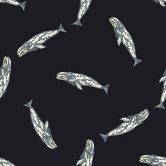 Seamless pattern with gray whale on black background. Template of cartoon character of ocean for fabric.