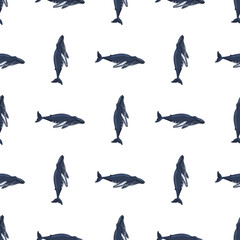 Seamless pattern Humpback whale on white background. Template of cartoon character of ocean for children.