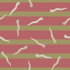 Random snakes grey silhouettes seamless pattern in simple style. Pink and green pale striped background.