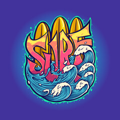 Surf Board Wave Typography Summer  Vector illustrations for your work Logo, mascot merchandise t-shirt, stickers and Label designs, poster, greeting cards advertising business company or brands.