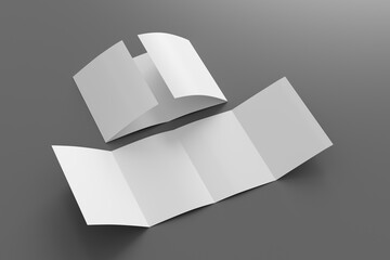 Vertical double gate fold brochure. Four panels, eight pages blank leaflet. Mock up on gray...