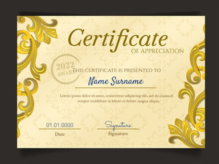 Certificate of appreciation template with Golden outline floral border