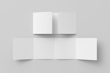 Square double gate fold brochure. Four panels, eight pages blank leaflet. Mock up on white background for presentation design. Unfolded and semi-folded.