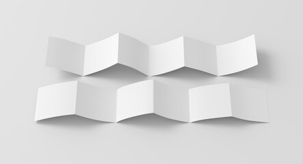 Square page zigzag or accordion fold brochure. Six panels, twelve pages blank leaflet. Mock up on white background for presentation design. Unfolded front and back.