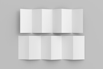 Vertical page zigzag or accordion fold brochure. Six panels, twelve pages blank leaflet. Mock up on white background for presentation design. Unfolded front and back.