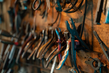 A lot of old rusty instruments in vintage dirty garage