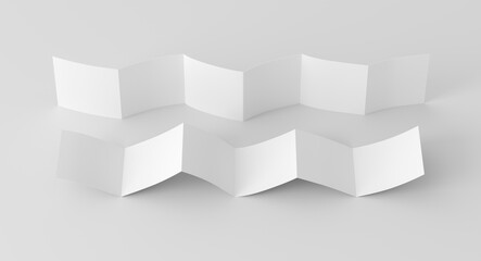 Square page zigzag or accordion fold brochure. Six panels, twelve pages blank leaflet. Mock up on white background for presentation design. Unfolded front and back.