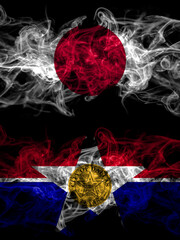 Smoke flags of Japan, Japanese and United States of America, America, US, USA, American, Dallas, Illinois