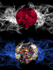 Smoke flags of Japan, Japanese and United States of America, America, US, USA, American, Minnesota