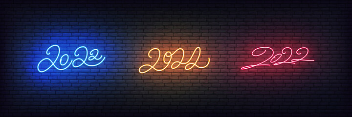 2022 neon lettering. Set of colorful signs for New Year 2022