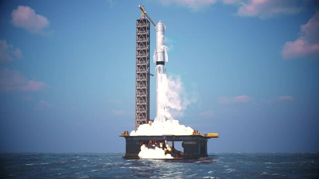 Launch of the rocket from a floating launch pad. Beautiful rocket take-off into the atmosphere. 3d animation