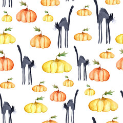 Halloween watercolor pumpkins cat patern. Template for decorating designs and illustrations.