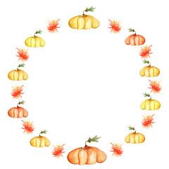 Watercolor frame wreath of pumpkins. Template for decorating designs and illustrations.