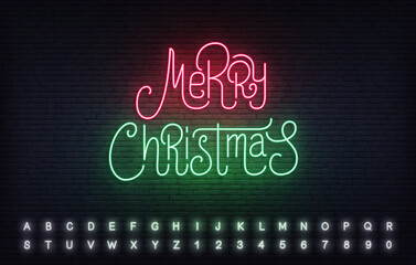 Merry Christmas neon lettering template. Bright sign for Christmas celebration