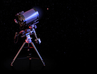 Telescope system: optical tube assembly, equatorial mount tripod. Telescope for explore solar system planets, deep sky objects: galaxies, nebulae, star clusters. Astronomy science, cosmos, universe 3D