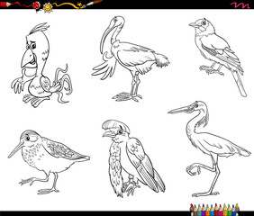 cartoon birds animals characters set coloring book page