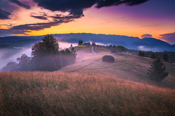 Obraz premium Majestic autumn misty scenery at sunset, near Brasov, Transylvania, Romania