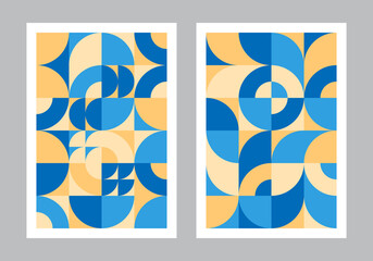 Fototapeta na wymiar Abstract geometric pattern background. Bauhaus art style. Circle, semicircle, square shapes. Yellow, orange, blue color. Design for print, cover, poster, flyer, banner, wall. Vector illustration.