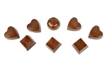 Chocolate candy isolated on white background. Top view. Flat lay.